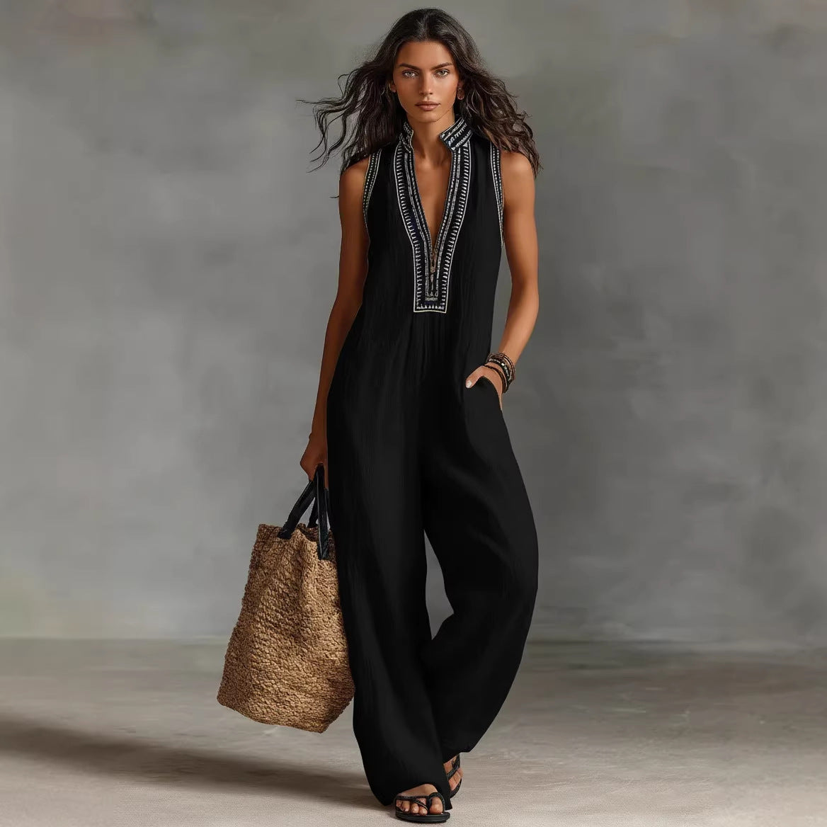 Womens Linen-Blend Sleeveless Jumpsuit