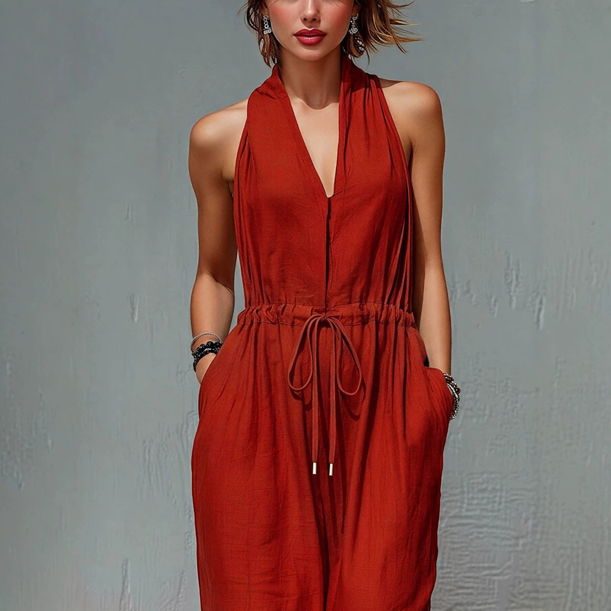 Solid-Color Long Holiday Jumpsuit