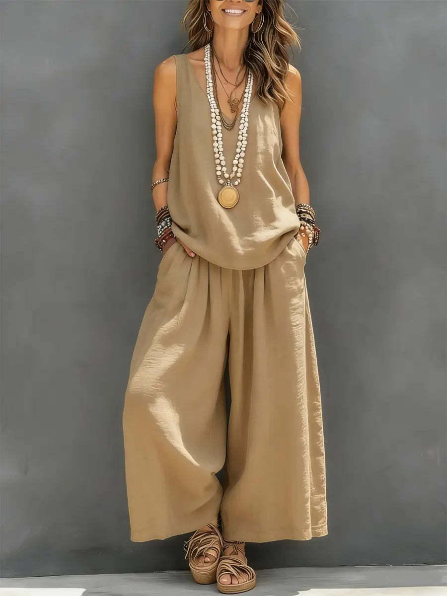 Womens Solid Sleeveless Tank & Wide-Leg Pants Set