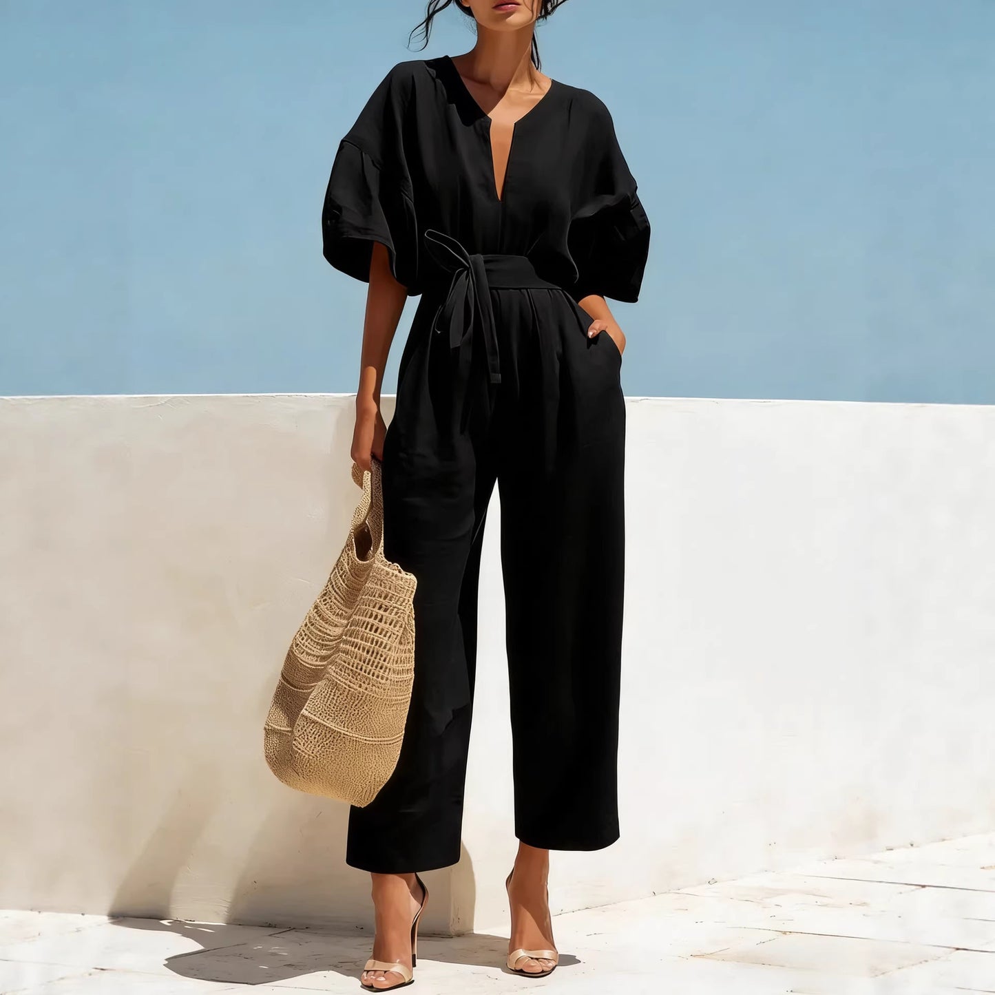 Womens V-Neck Cotton-Linen Jumpsuit