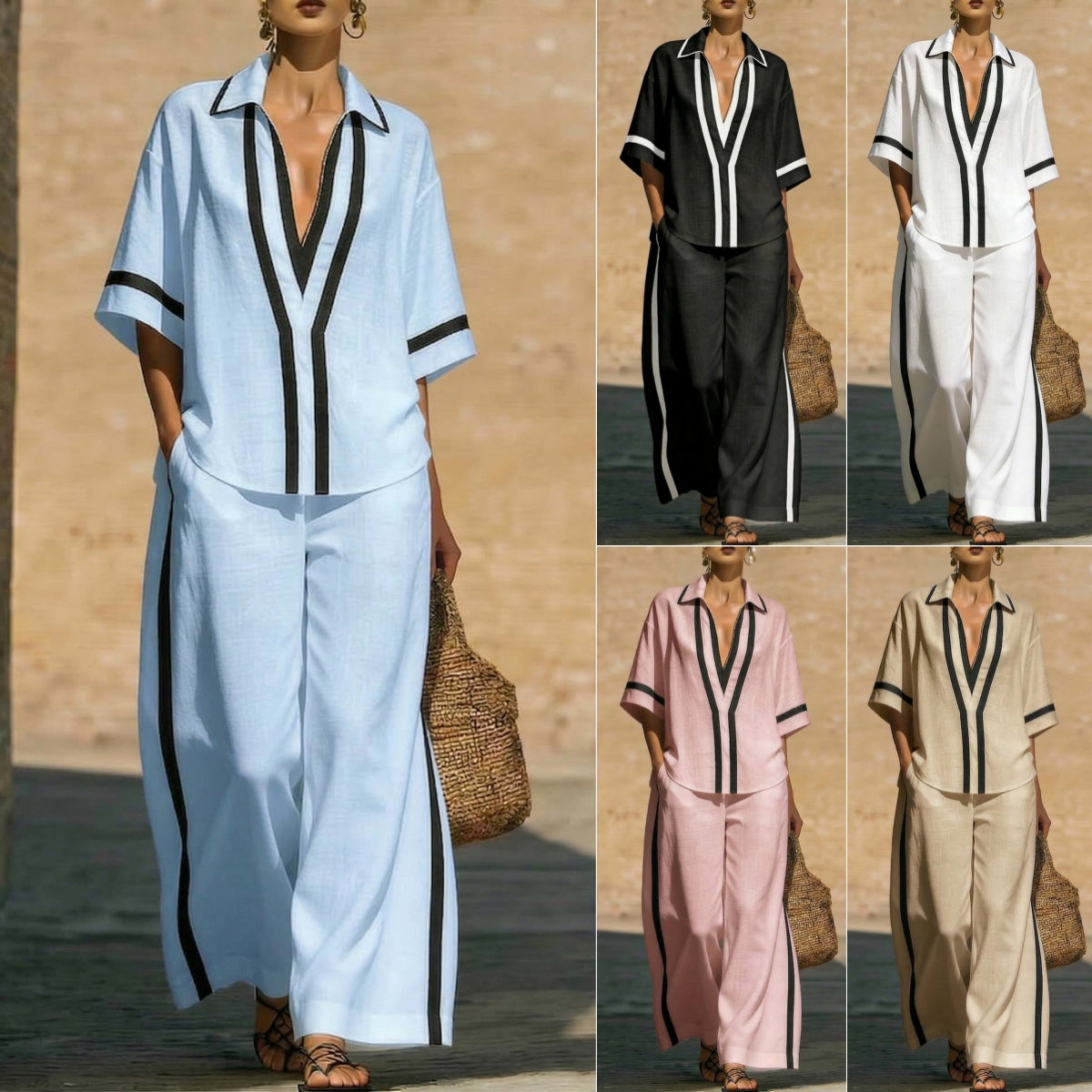 Womens Color Block Top & Wide-Leg Pants Set