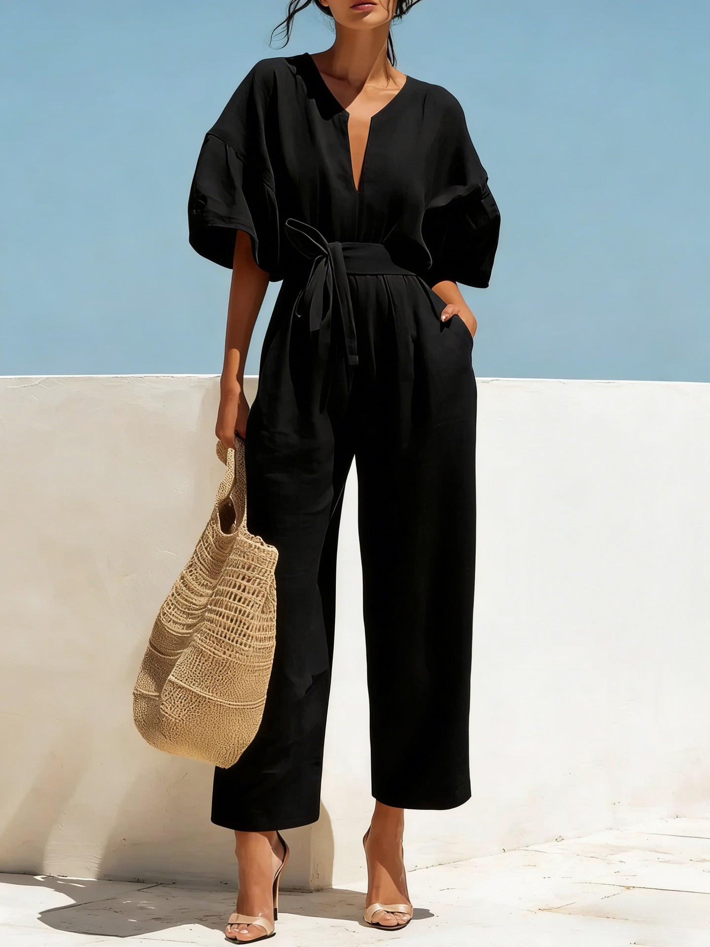 Womens V-Neck Cotton-Linen Jumpsuit