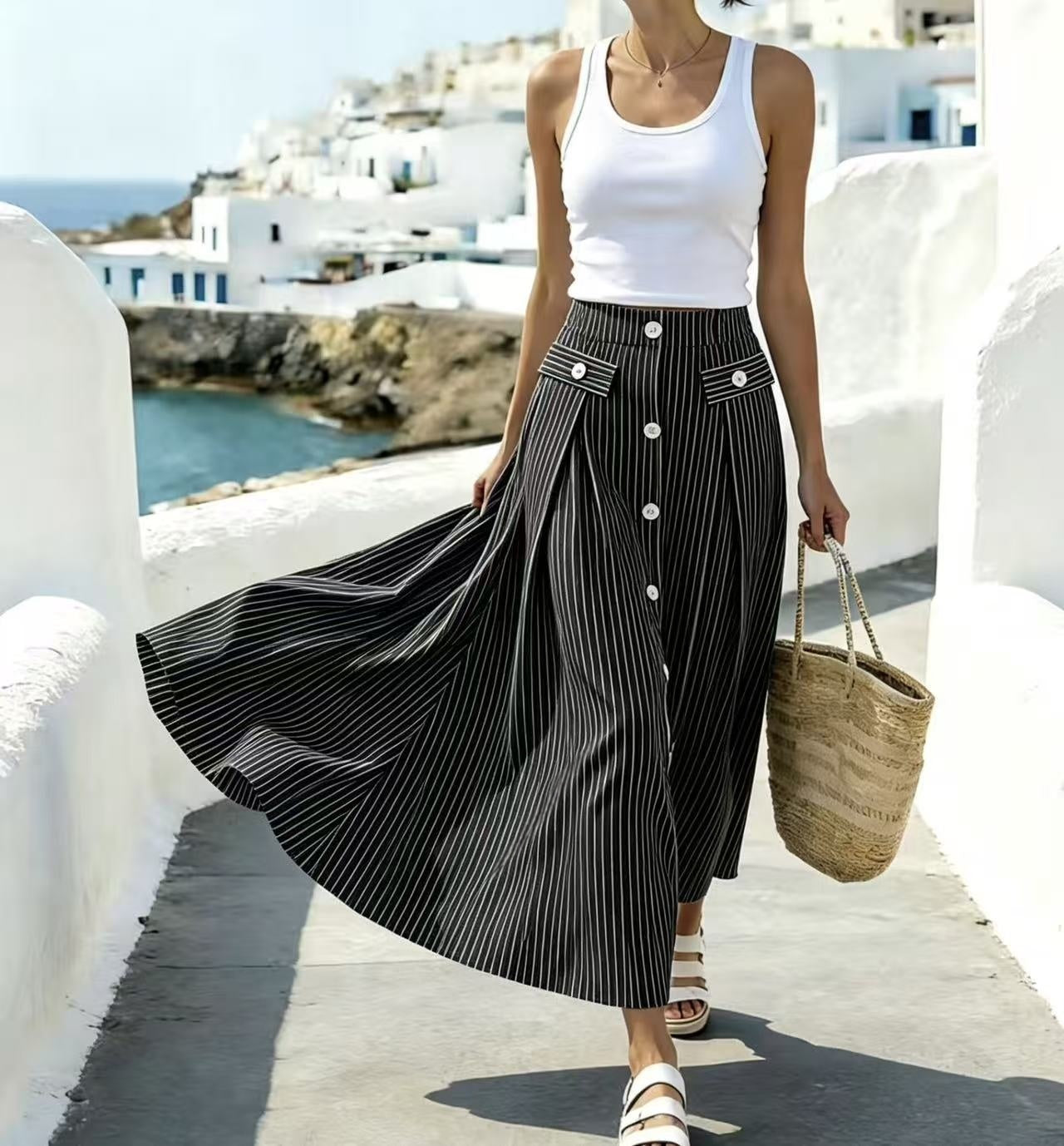Blue White Striped Skirt