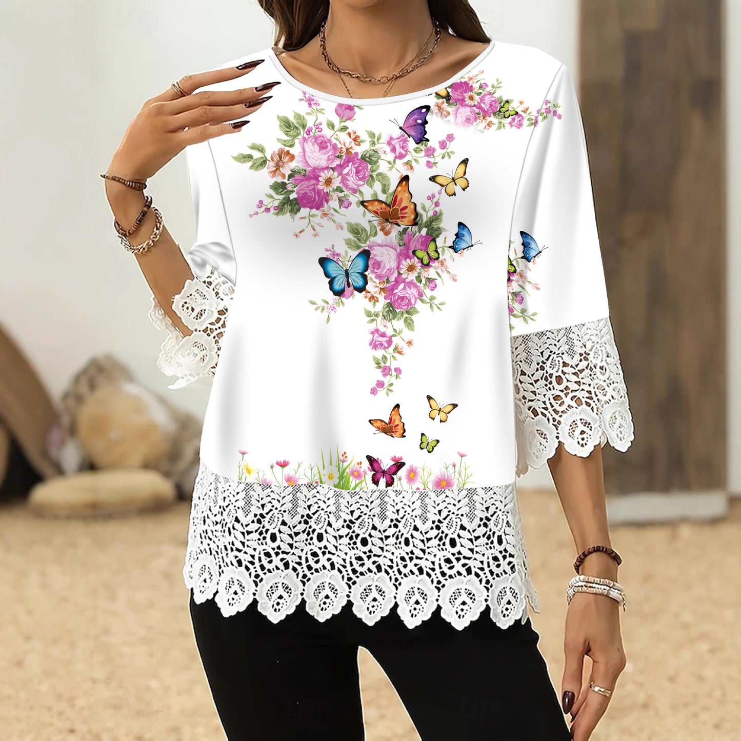 Lace Print 3/4 Sleeve Top