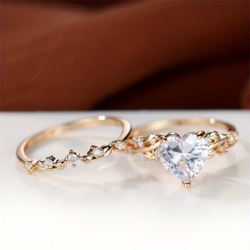 2-Piece Zircon Heart-shaped Stackable Rings