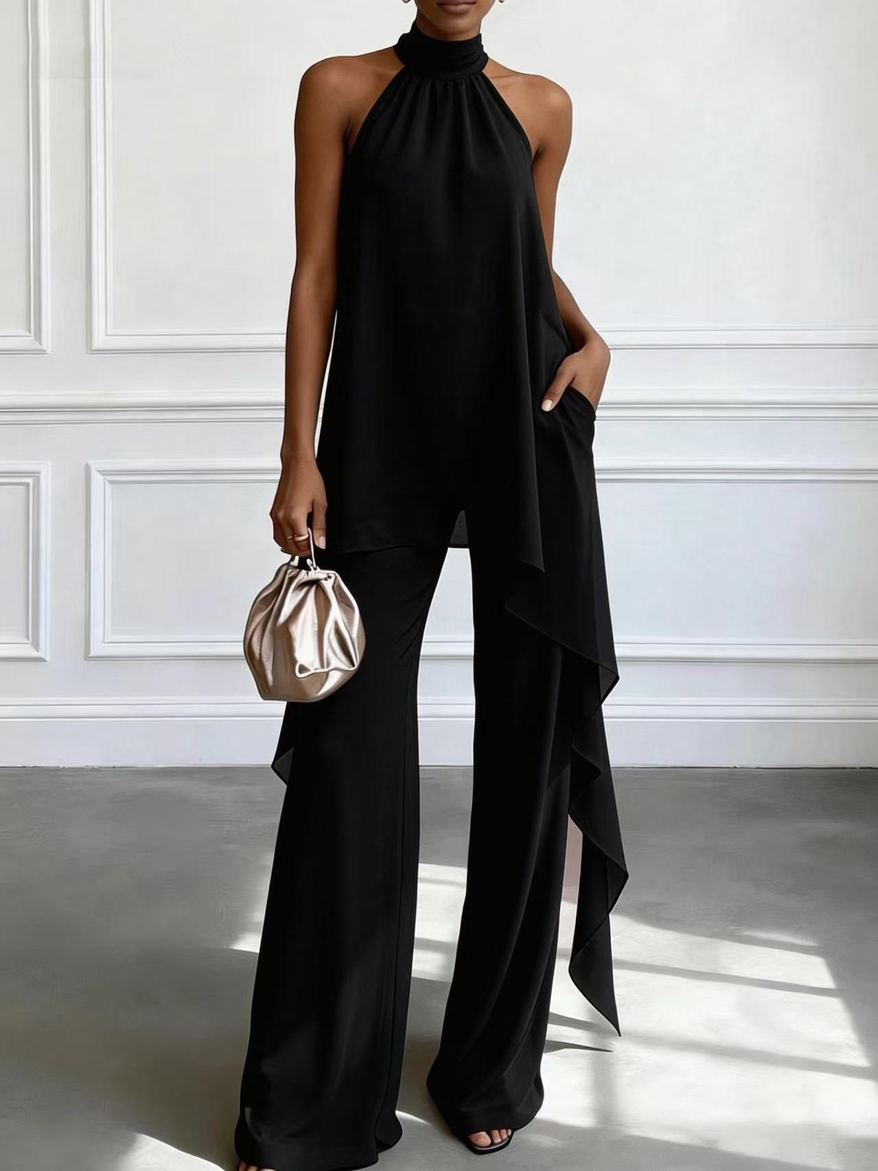 Womens Retro Lace Top & Wide-Leg Pants Set