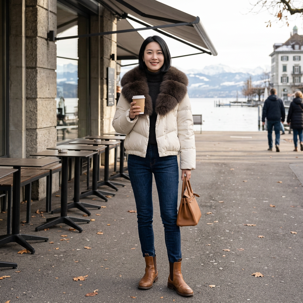 Cream jacket, smiling outside a Zurich café