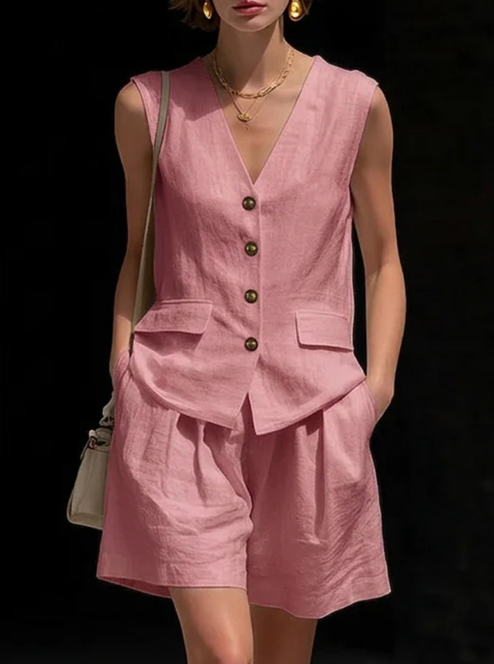 Womens Cotton-Linen Vest Top & Shorts Set