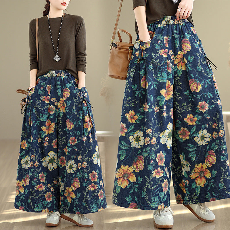 Retro Floral Wide-leg Jeans