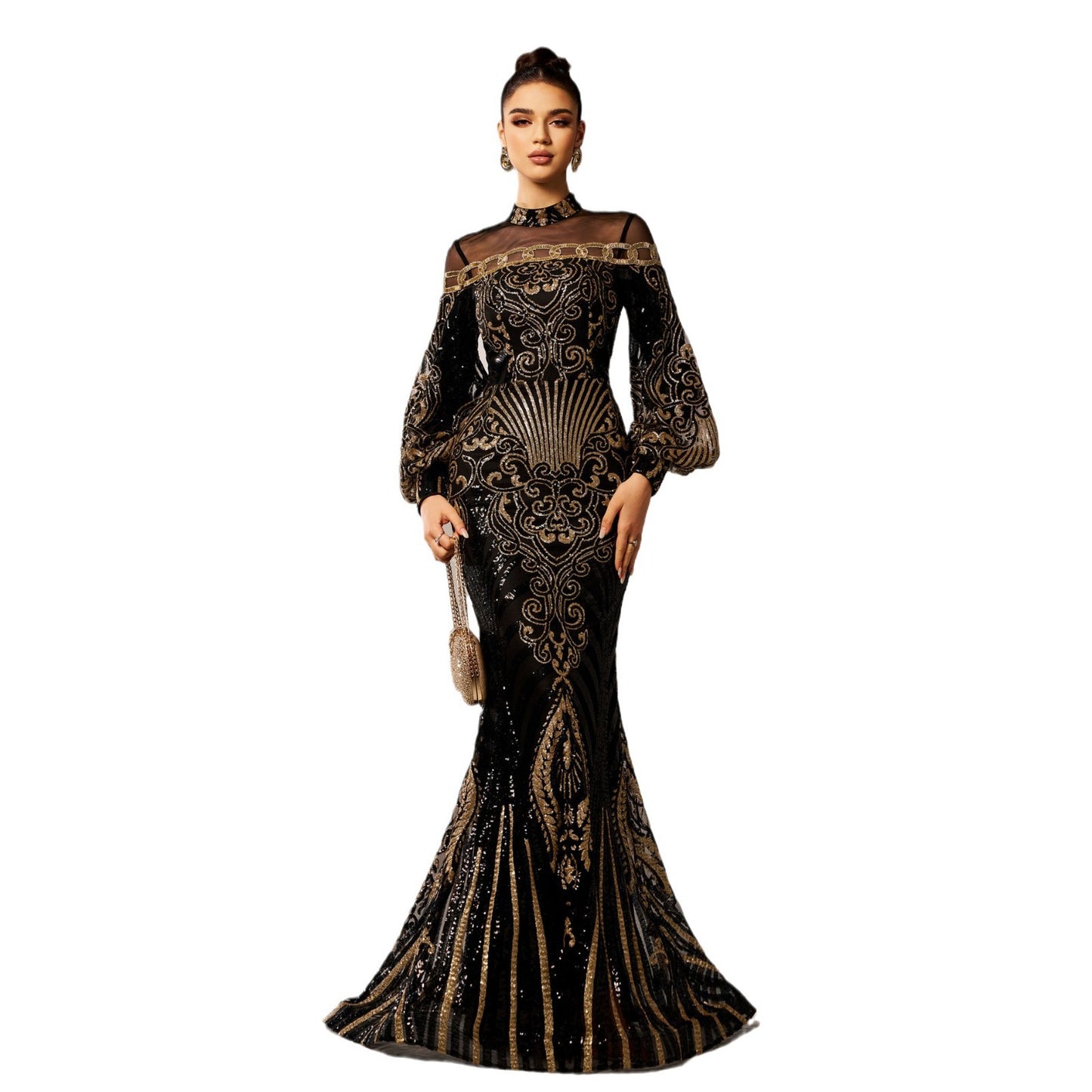 Long Sleeve Round Neck Sequins Fishtail Evening Dress