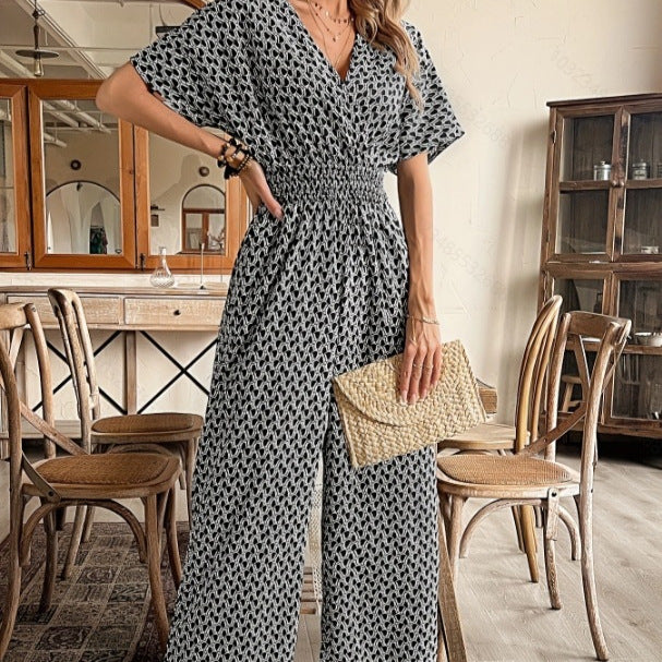 Summer V-neck Short-sleeve Jumpsuit