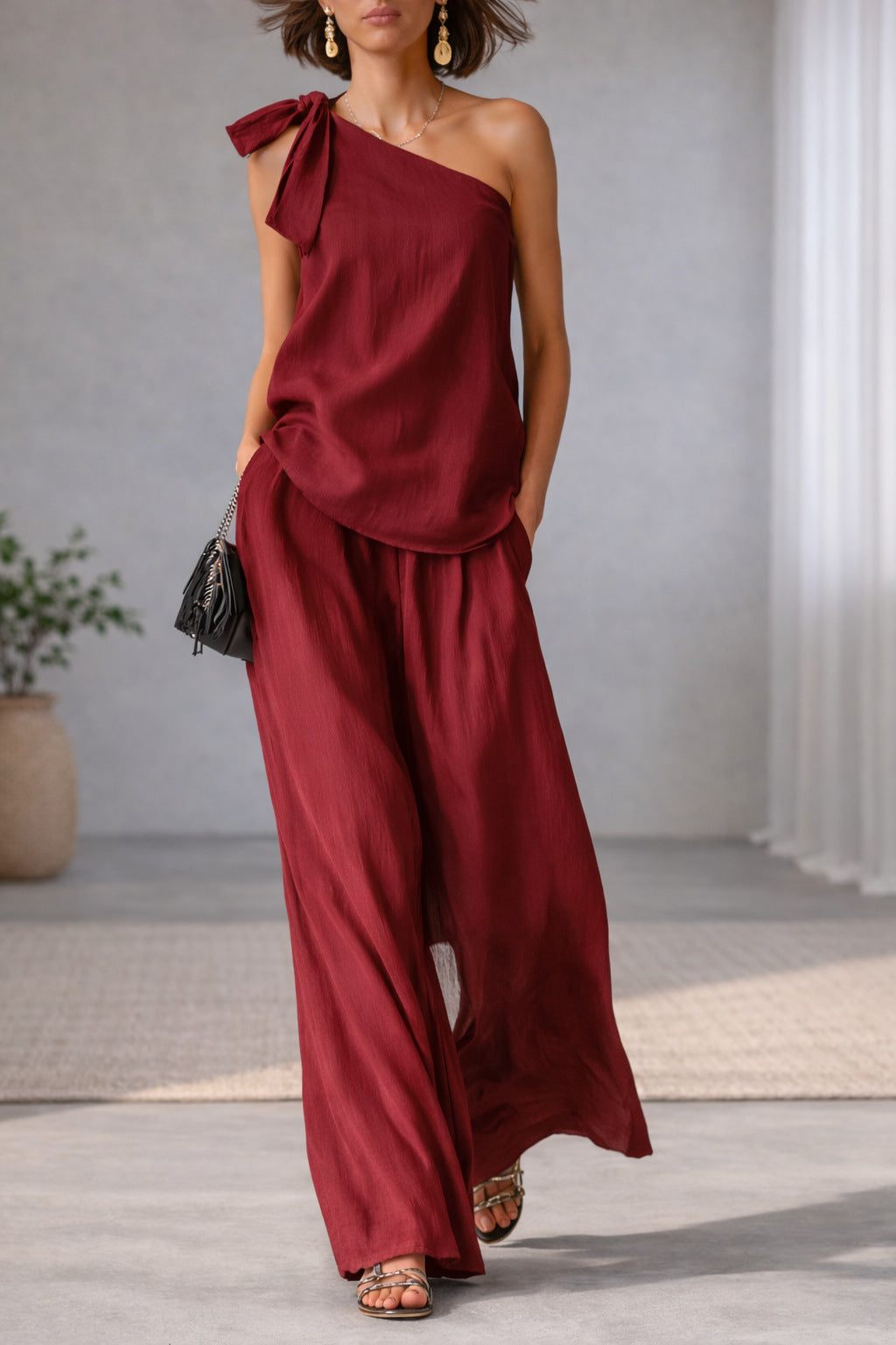 Womens One-Shoulder Top & Wide-Leg Pants Set