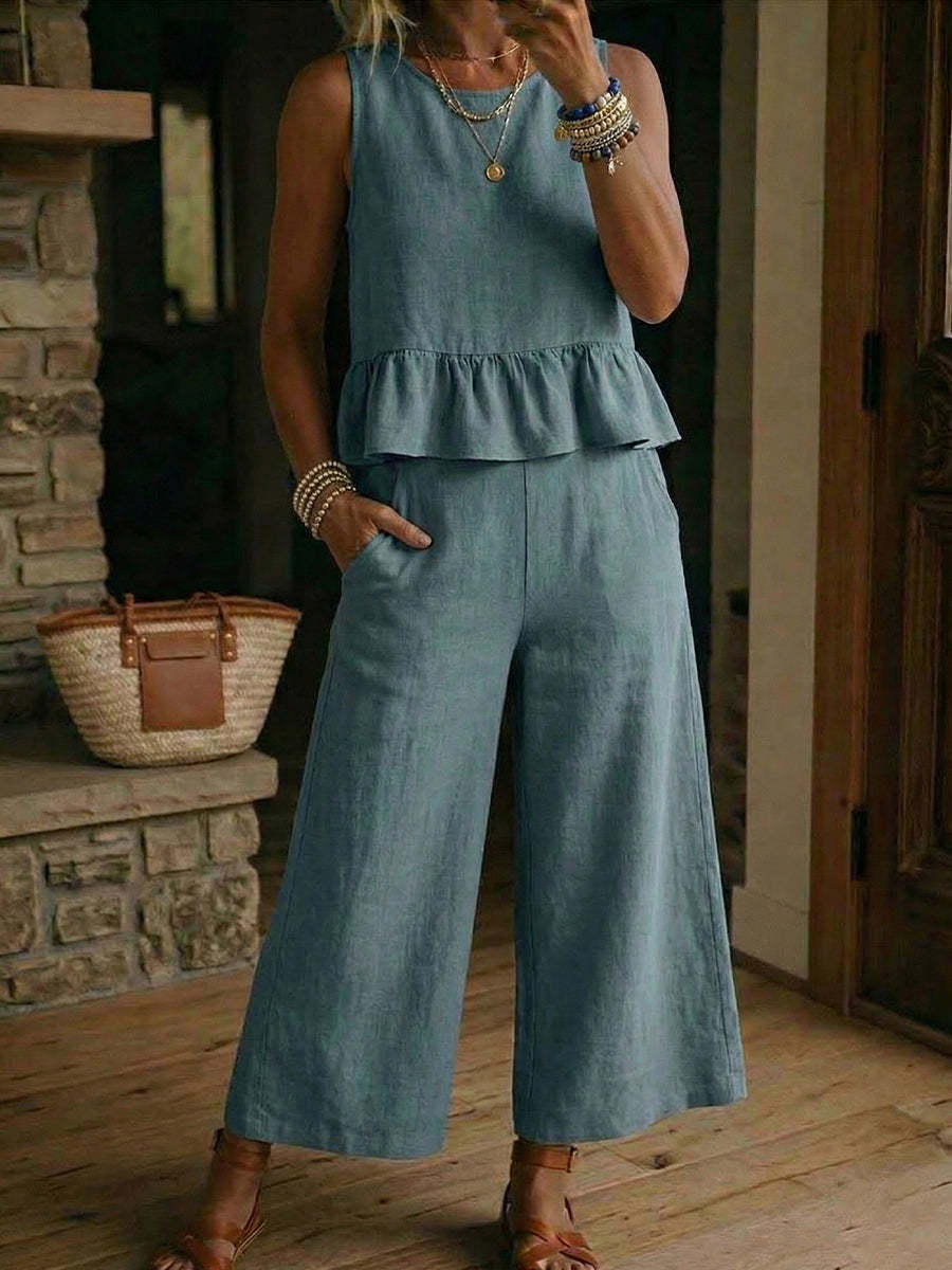 Womens Cotton-Linen Tank & Cropped Pants Set