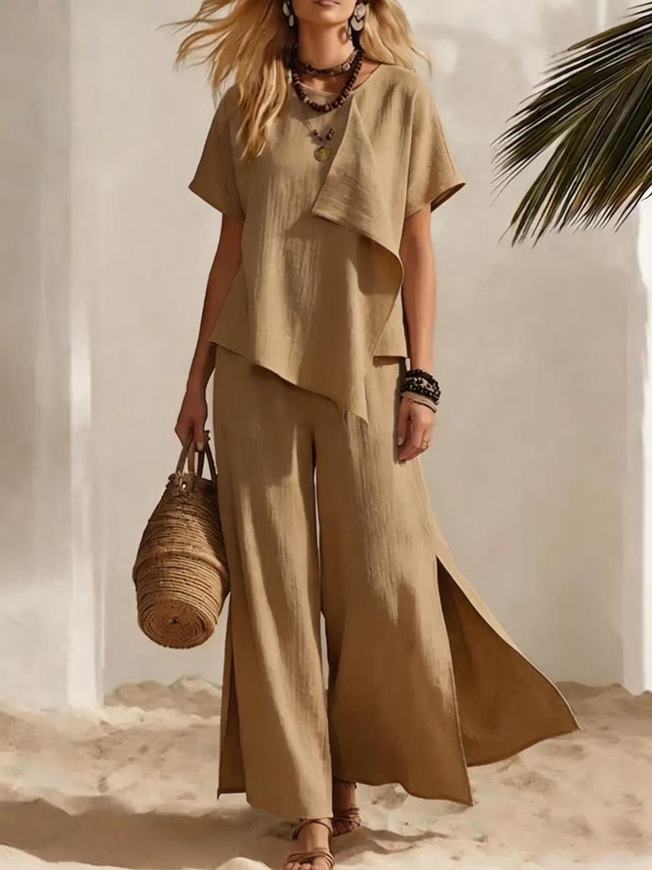 Womens Asymmetrical Top & Wide-Leg Pants Set