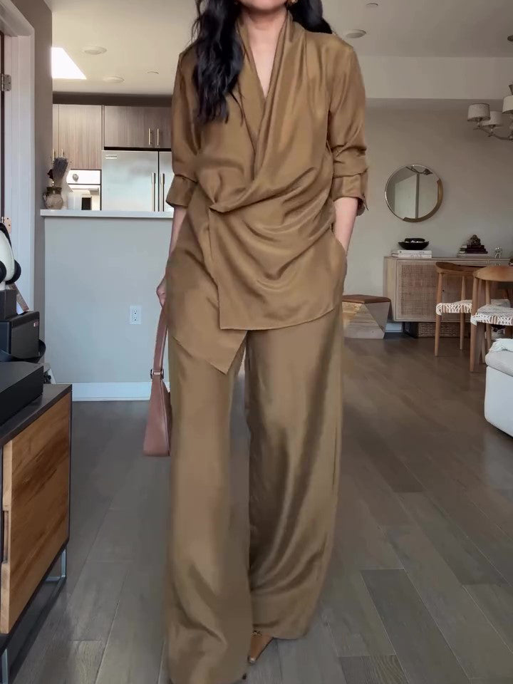 Women’s Satin Wrap Blouse & Wide-Leg Pants Set