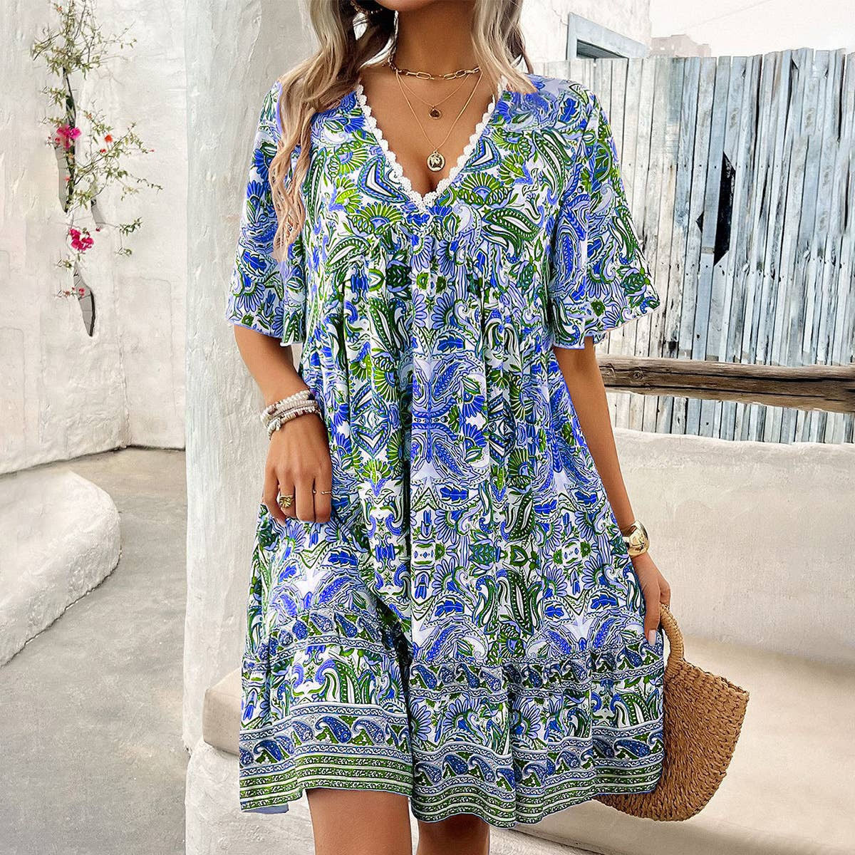 New Fashion Short-Sleeve Printed V-Neck Dress