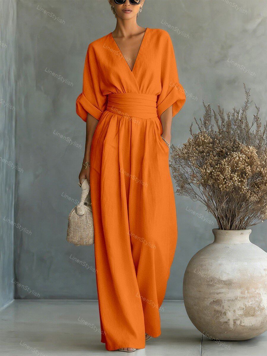 Womens Waist-Cinching V-Neck Jumpsuit