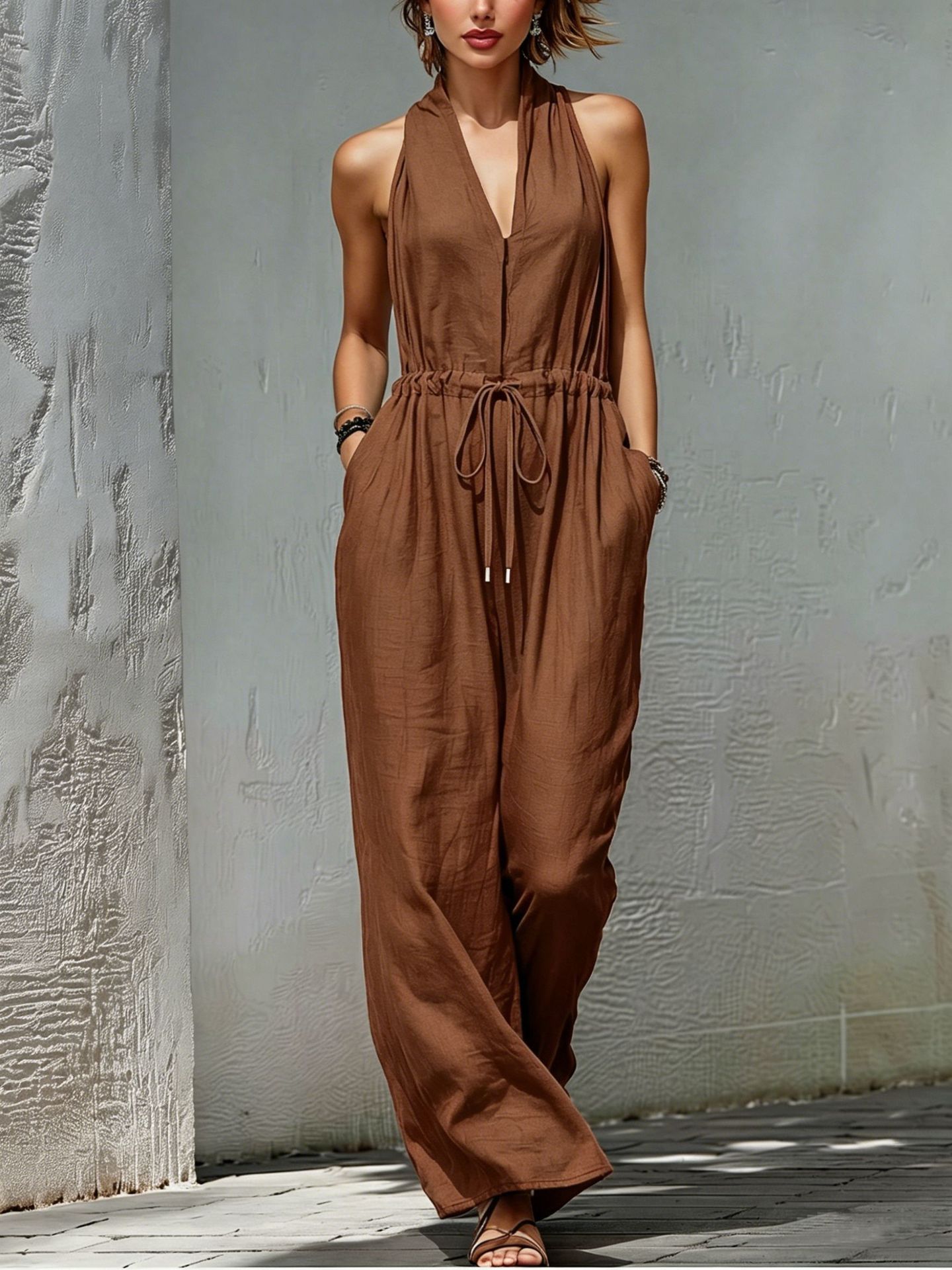Solid-Color Long Holiday Jumpsuit