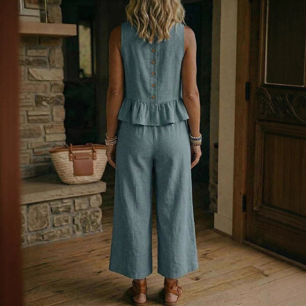 Womens Cotton-Linen Tank & Cropped Pants Set