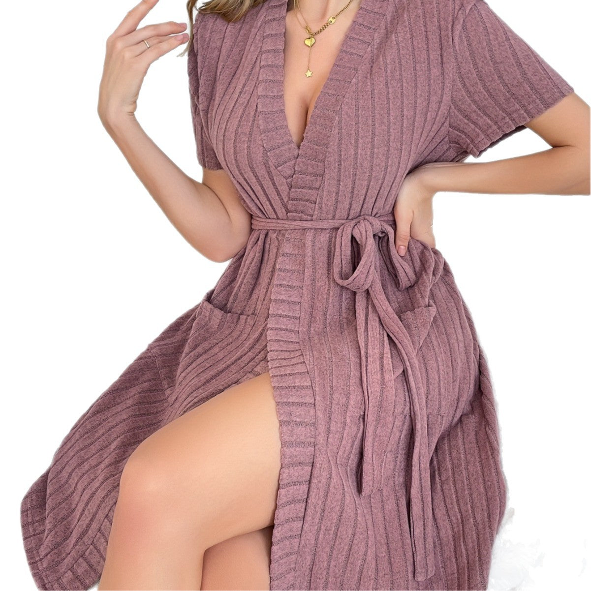 V-Neck Ribbed Bathrobe
