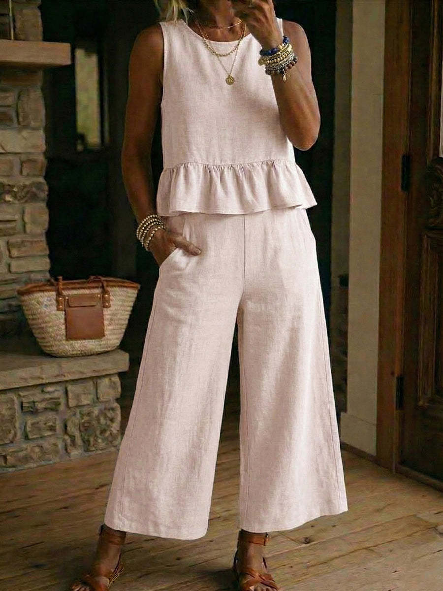 Womens Cotton-Linen Tank & Cropped Pants Set