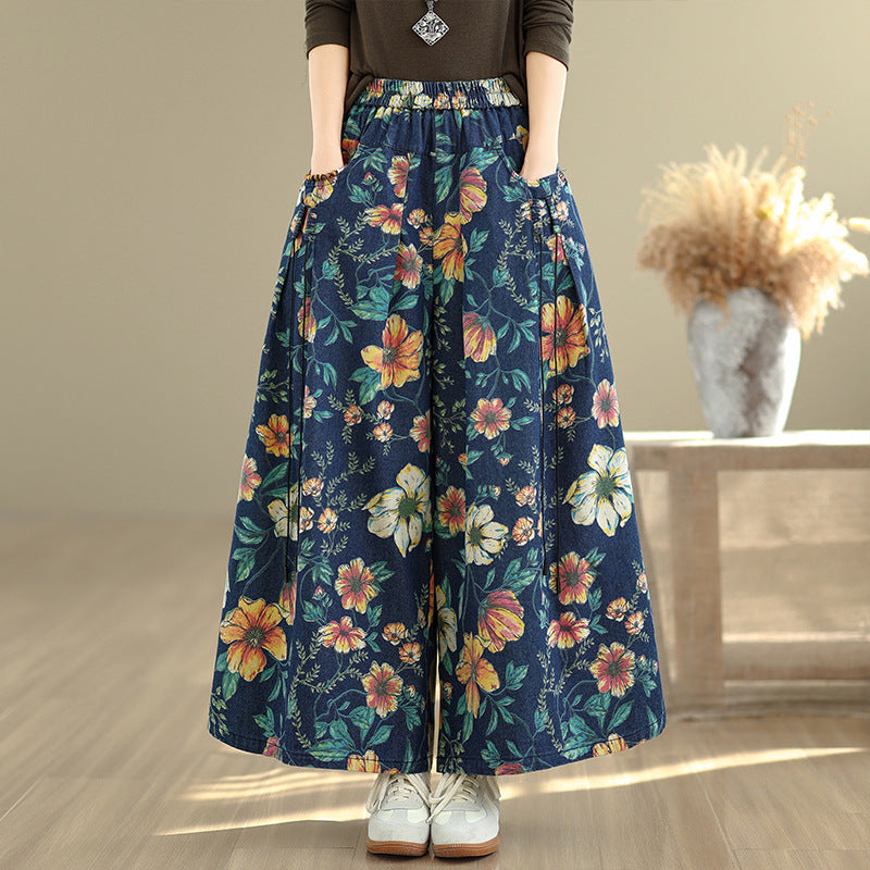 Retro Floral Wide-leg Jeans