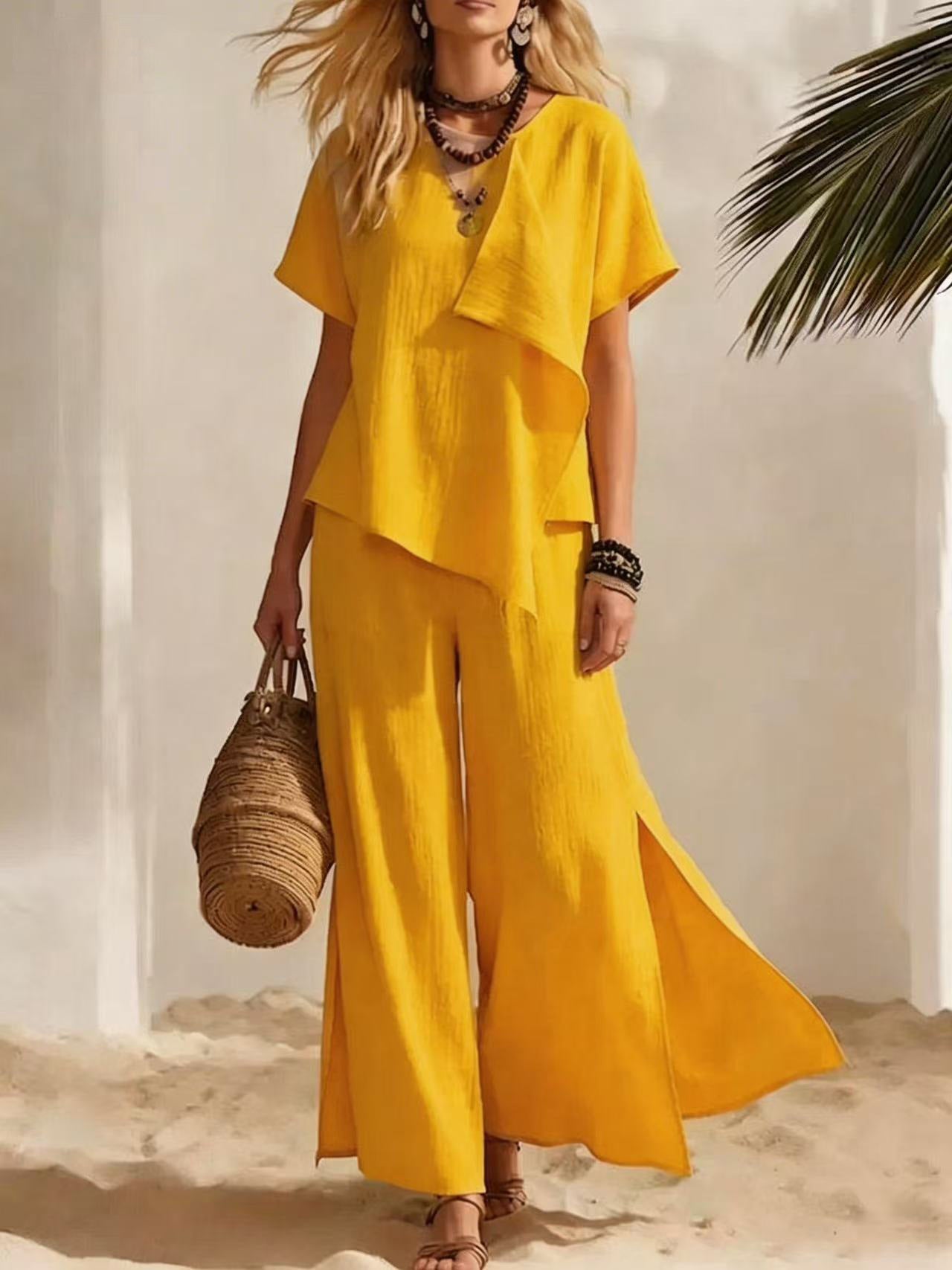 Womens Asymmetrical Top & Wide-Leg Pants Set