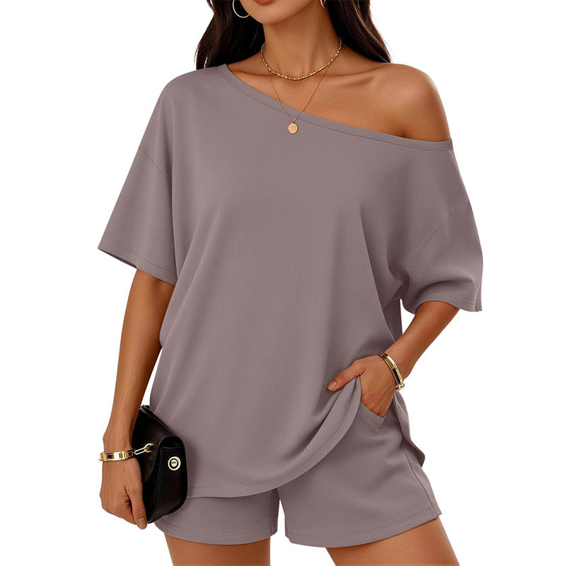 Womens Slant-Neck Top & Shorts Set