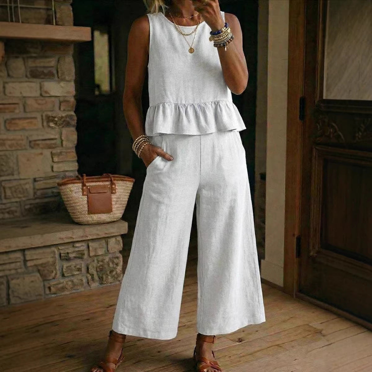 Womens Cotton-Linen Tank & Cropped Pants Set