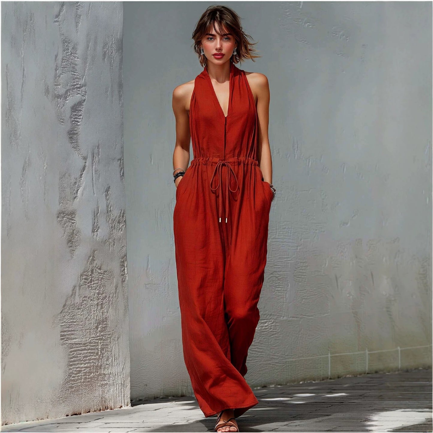 Solid-Color Long Holiday Jumpsuit