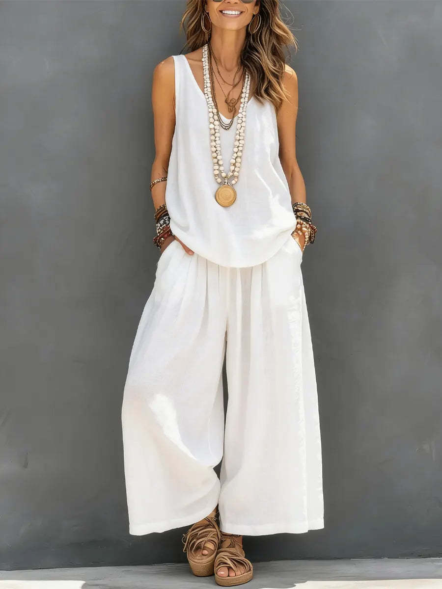 Womens Solid Sleeveless Tank & Wide-Leg Pants Set