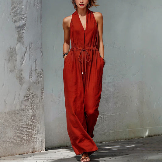 Solid-Color Long Holiday Jumpsuit