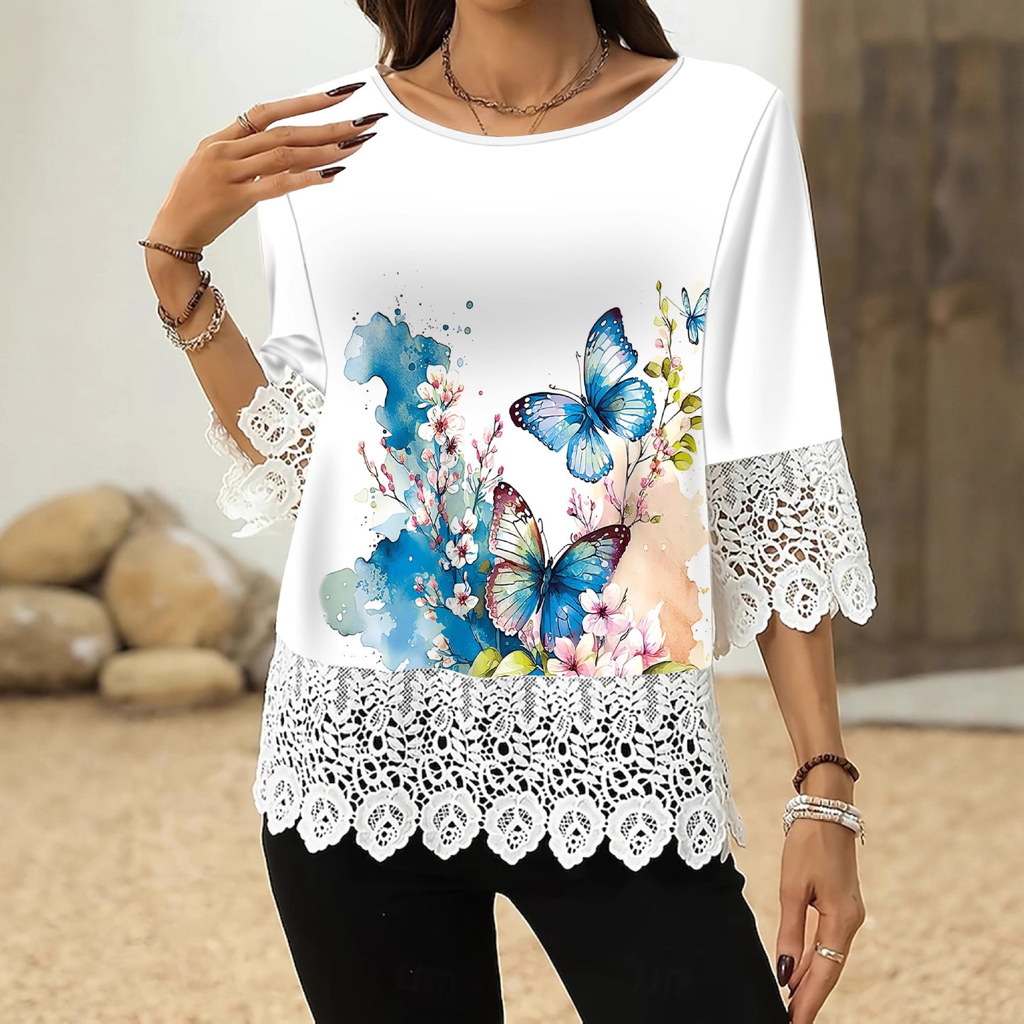 Lace Print 3/4 Sleeve Top
