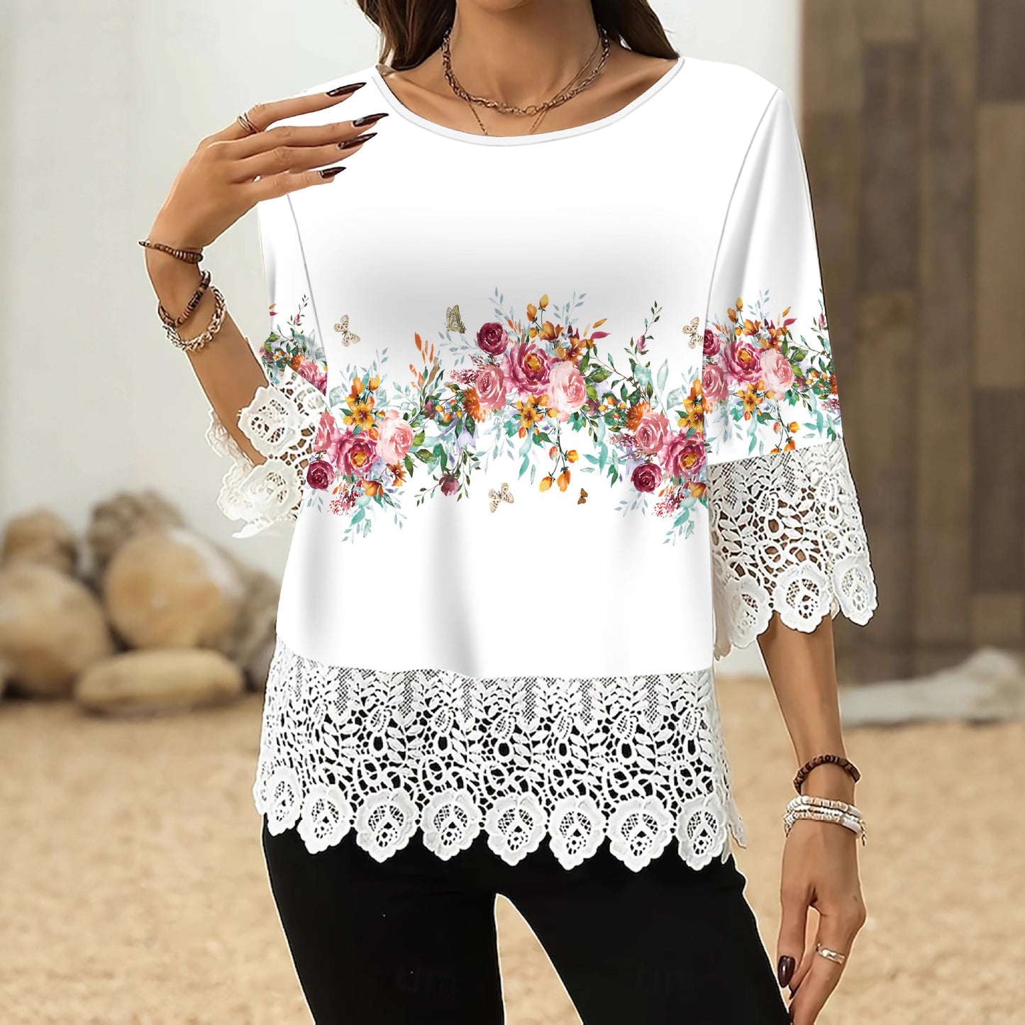 Lace Print 3/4 Sleeve Top