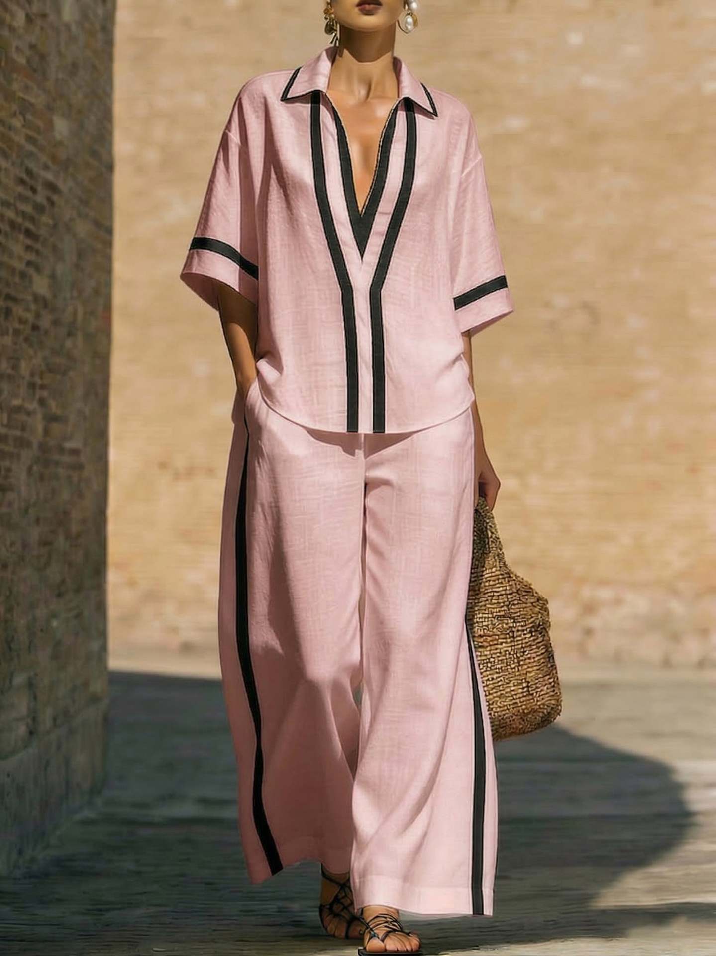 Womens Color Block Top & Wide-Leg Pants Set