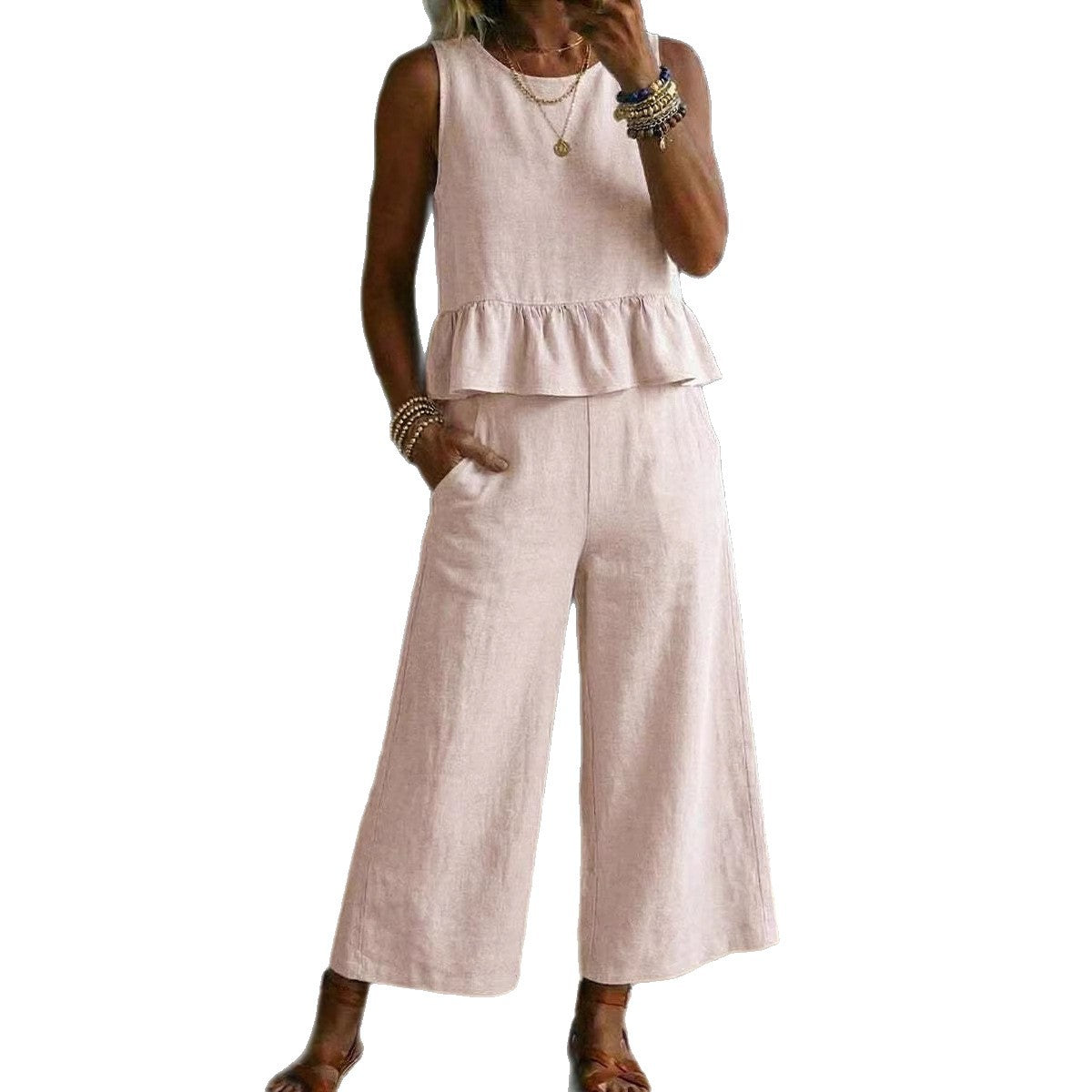 Womens Cotton-Linen Tank & Cropped Pants Set