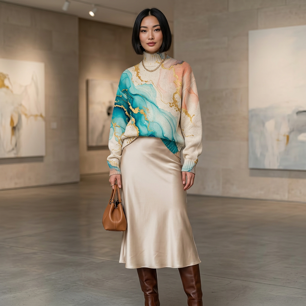 London sweater and satin skirt look