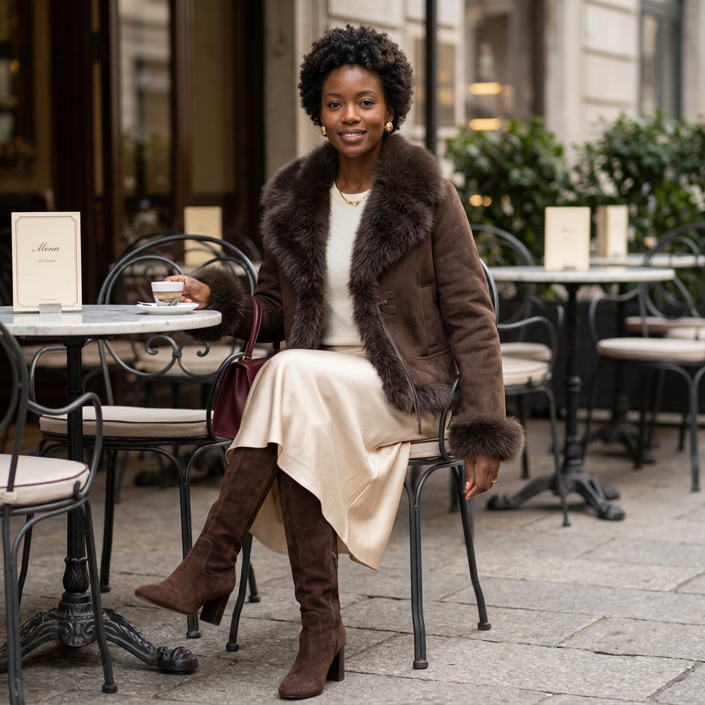 Milan brown jacket café look