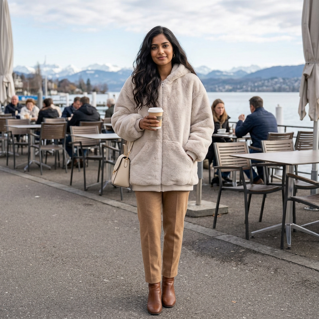 Pale cream coat, Zurich lakeside café