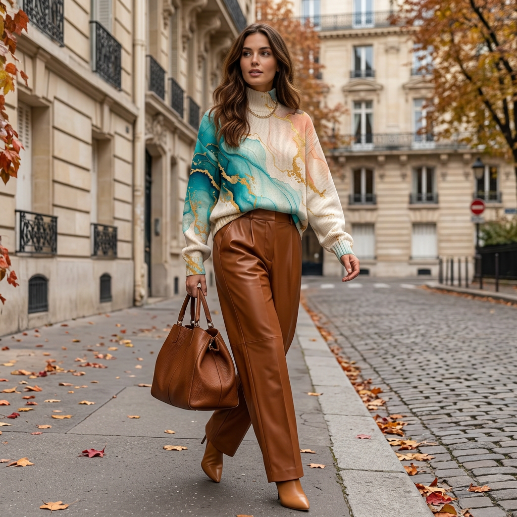 Paris sweater and leather trousers look