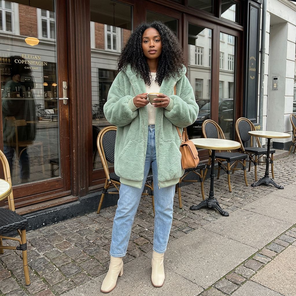 Sage green coat, Copenhagen café