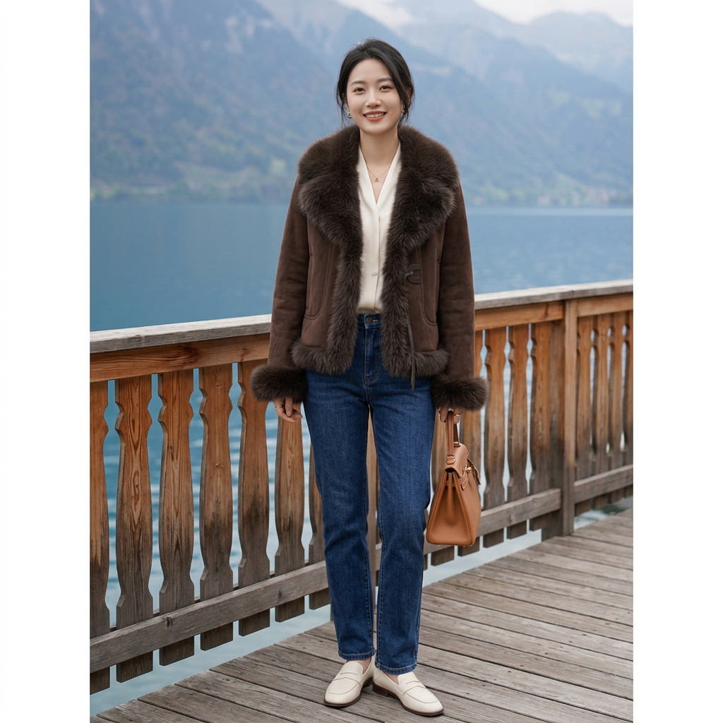 Swiss lakeside brown jacket look