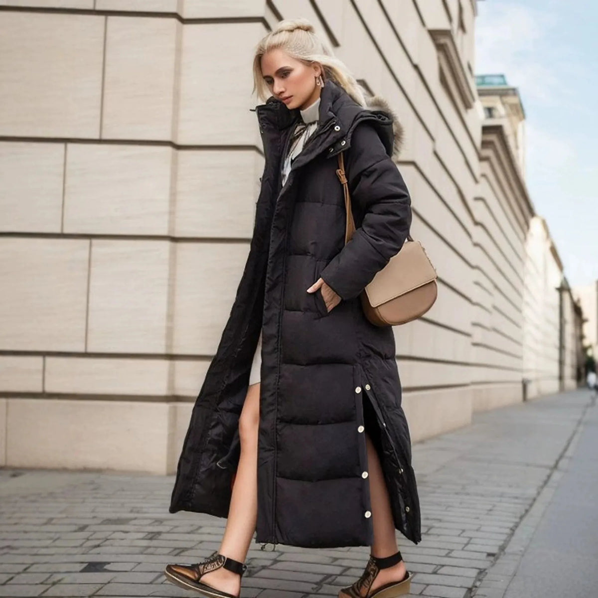 Model wearing a black above-the-knee trench coat with a hood, walking on a city street, showcasing a casual look.