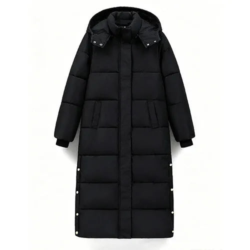 Black padded trench coat with a hood, featuring a slim fit and button details, above the knee length.